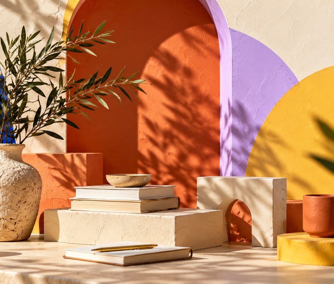 Warm architectural still-life in a colourful setting
