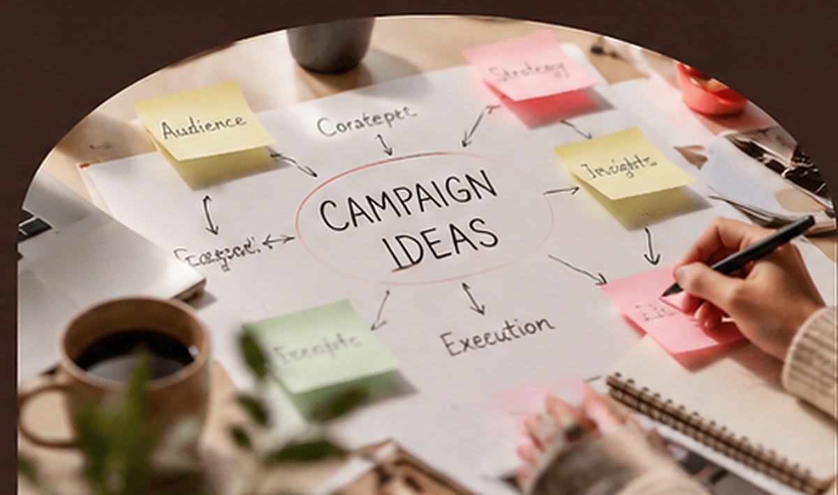Hands mapping campaign ideas and audience insights on a planning sheet