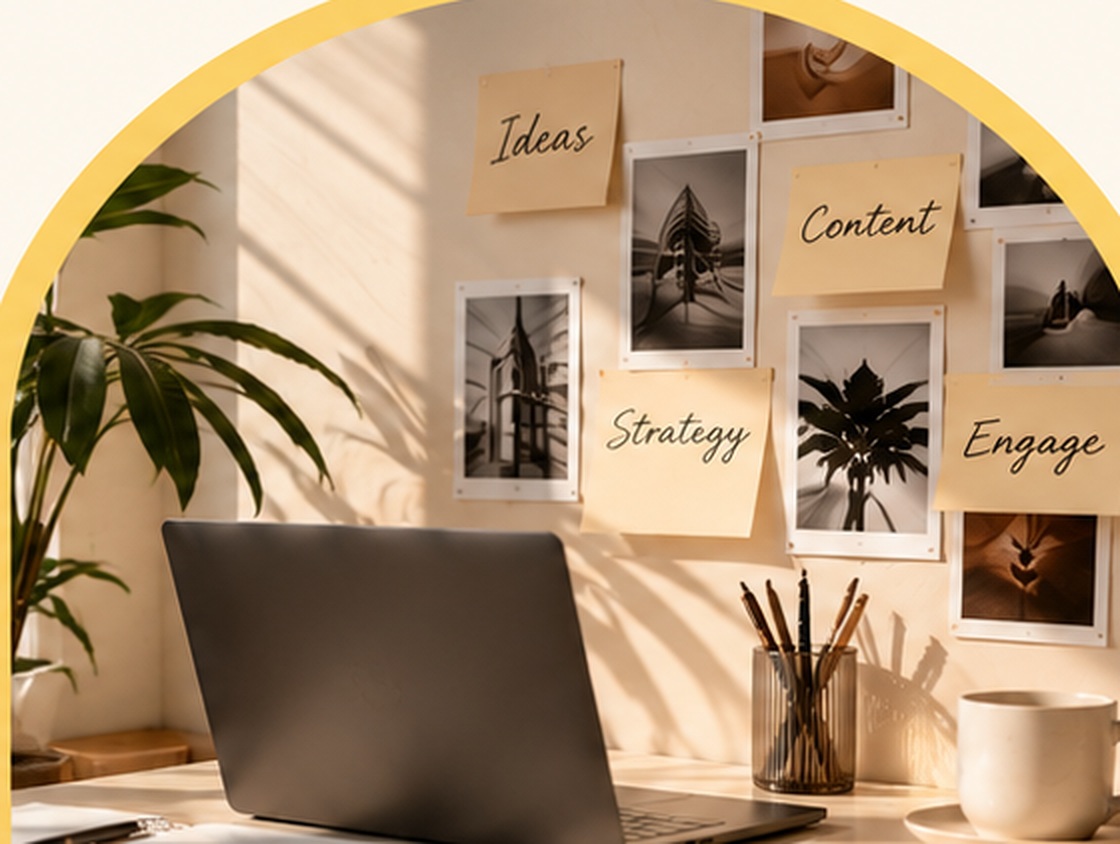Laptop and content planning board representing digital communication