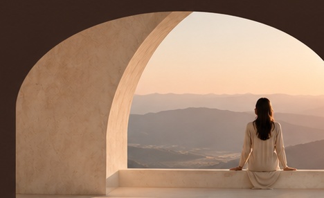 A person looking towards distant mountain ranges, representing perspective and long-term brand vision