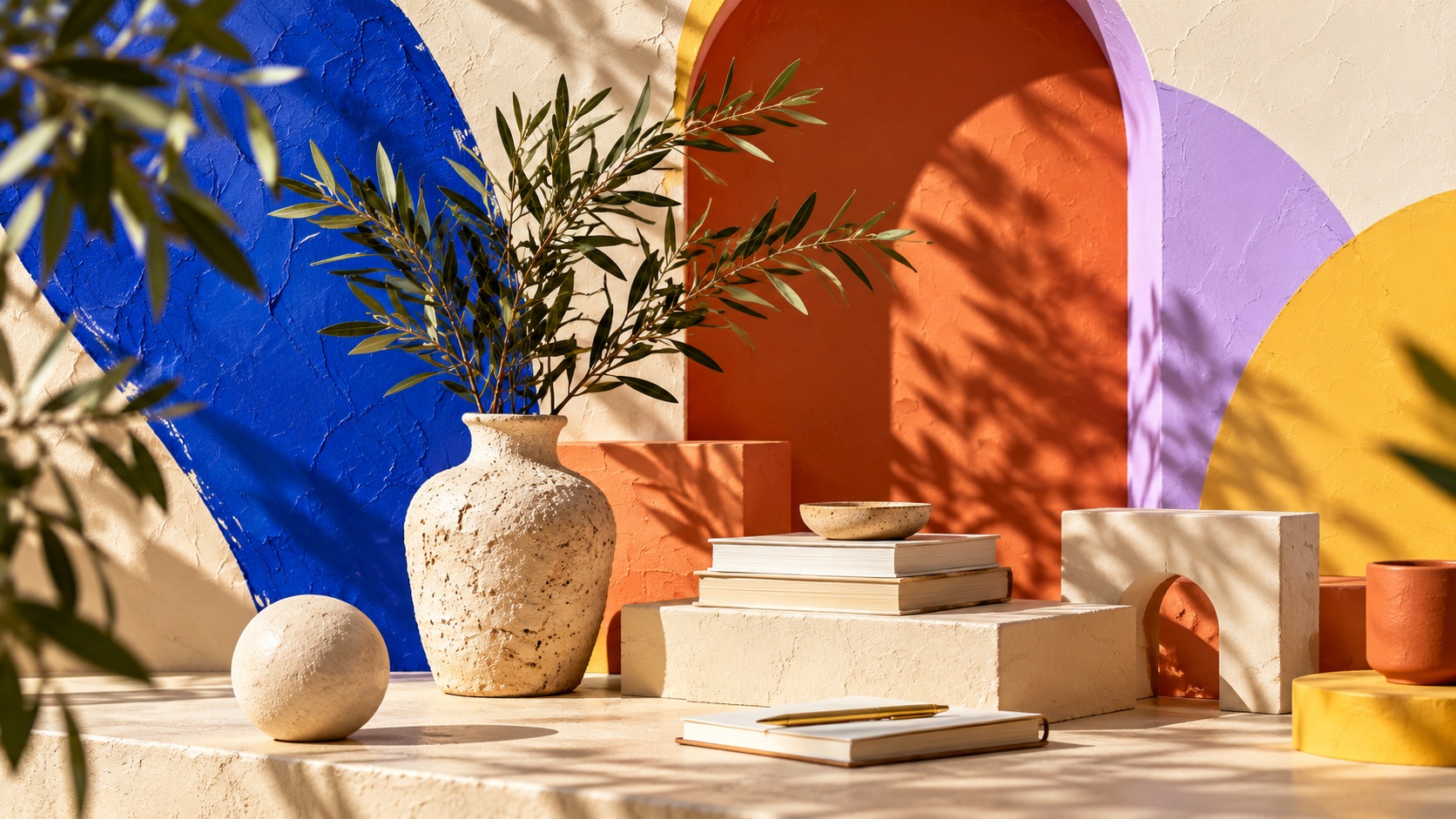 Creative studio still-life with books and colourful textures